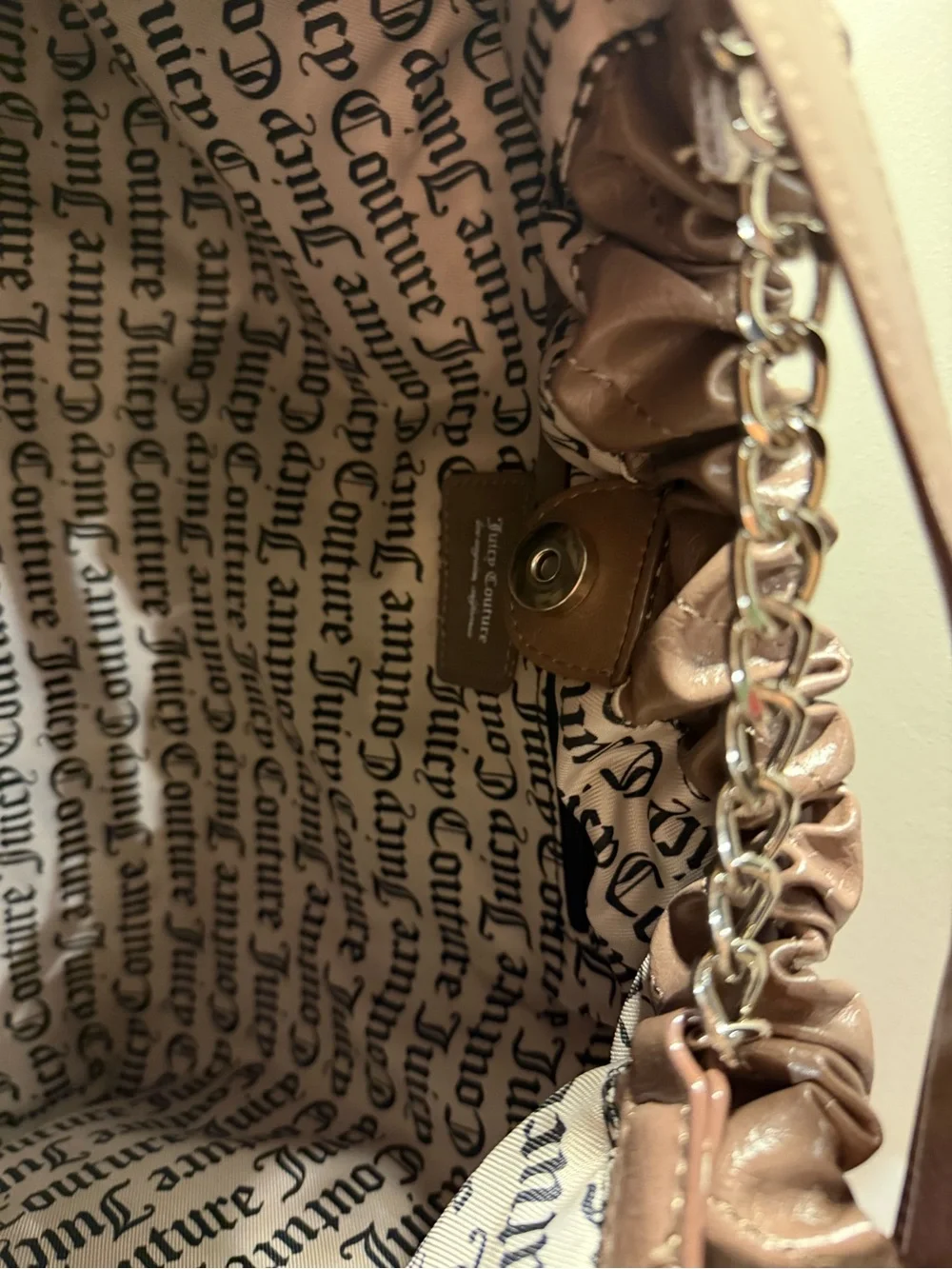 Juicy Couture Soft Spoken Tote bag color iced coffee with silver chain NWT